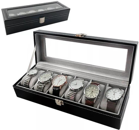 Smartcraft Faux Leather Watch Case Slots,Watch Box for watches,Black  Leather Display Glass Top Jewelry Case Organizer Watch Box