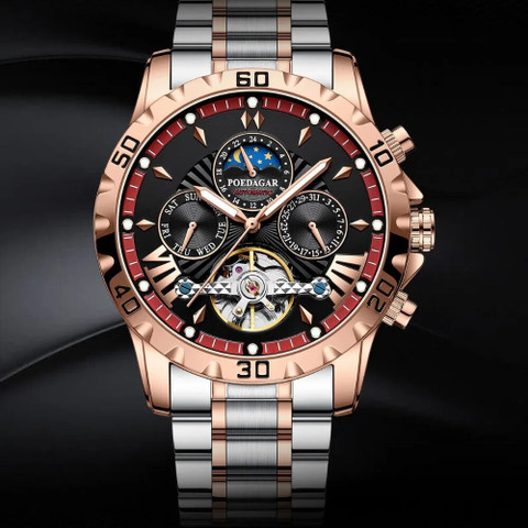 OVERFLY POEDAGAR Mens Watch Automatic Mechanical Skeleton Dial Luxury  Golden Wrist Watch Analog Watch For Men