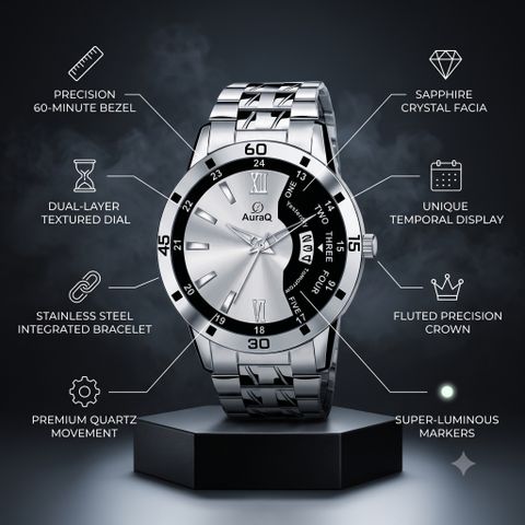 AuraQ Stylish Quartz Wrist Watch - Premium Strap & Accurate Time Analog Watch - For Men 2252 Black Grey Date Chain - Image 6