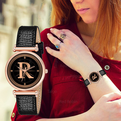 Talgo ALPHA-R-RLX-RG-BLK-L Fancy Design Stylish ALPHABET R Dial Black  Leather Strap Women Wrist Watch Analog Watch For Girls