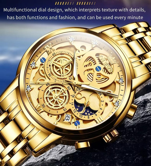 OVERFLY OLEVS Mens Watch Chronograph Luxury Quartz Wrist Golden