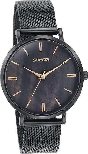 SONATA Sonata Mother Of Pearl Dial Black Stainless Steel Strap