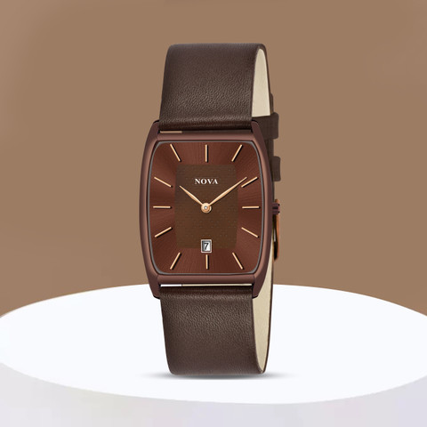 NOVA Brown Date Watch Brown Date Rectangle Thin Leather Strap Watch Analog  Watch For Men