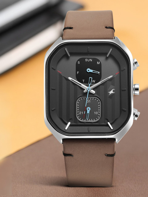 Fastrack Fleek Quartz Multifunction Grey Dial Leather Strap Analog