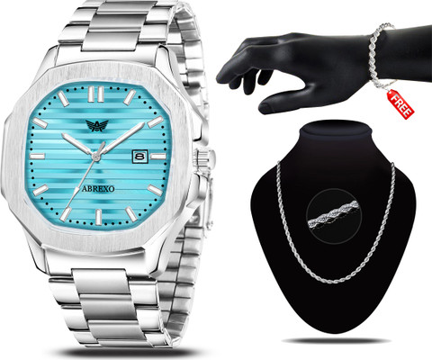 ABREXO Abx7000- Silver + C2 Silver Chain & Bracelet Skyblue Dial