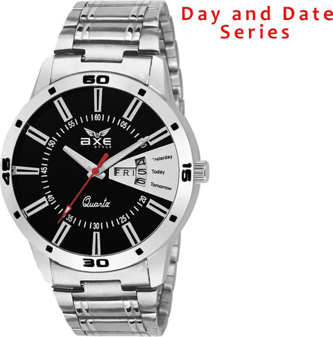 AXE Style Black Mens Watch & Steel Chain Day & Date Branded Wrist