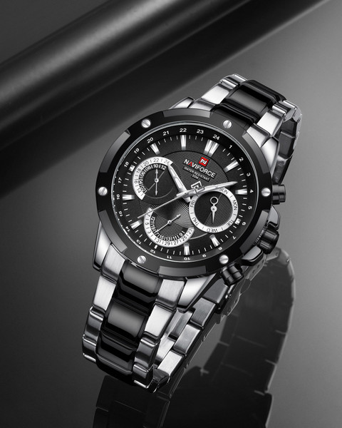 NAVIFORCE 9196 black and silver steel strap with working chronograph new  style for daily life Analog Watch For Men