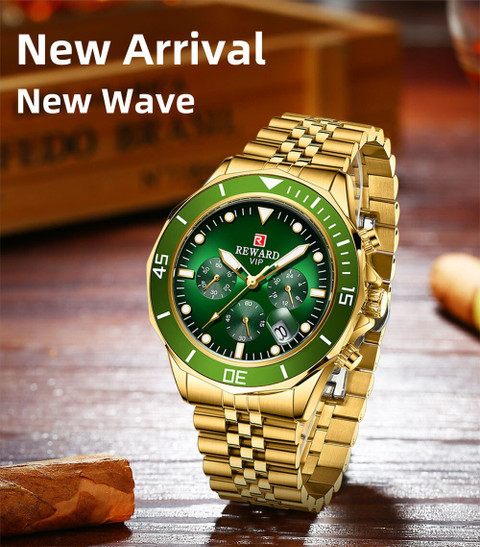 OVERFLY Green Dial Gold Strap Chain Analog Chronograph Luxury golden wrist  watch Analog Watch For Men