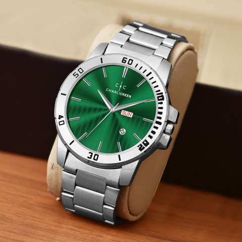 Charlie様 CHARLIEKEEN Green Dial Stainless Steel Watch with Day-Date