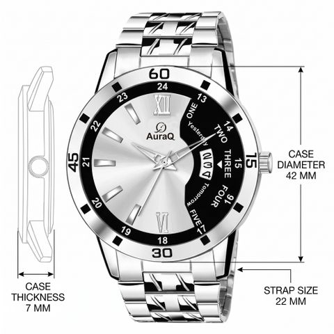AuraQ Stylish Quartz Wrist Watch - Premium Strap & Accurate Time Analog Watch - For Men 2252 Black Grey Date Chain - Image 7