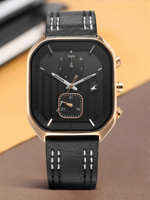 Fastrack Fleek Quartz Multifunction Black Dial Leather Strap