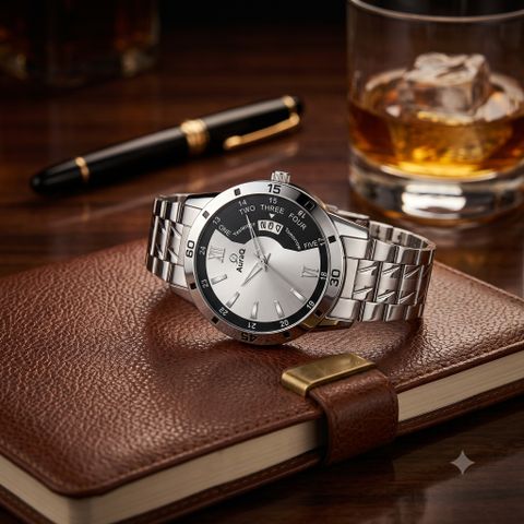 AuraQ Stylish Quartz Wrist Watch - Premium Strap & Accurate Time Analog Watch - For Men 2252 Black Grey Date Chain - Image 8