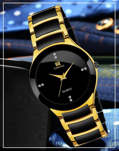IIK Collection Watches for Men Black Studded Dial with Black and Golden  Bracelet Strap Boys Analog Watch For Men