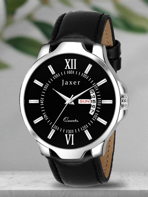 Jaxer Black Day Date Feature Dial Leather Strap Analog Watch