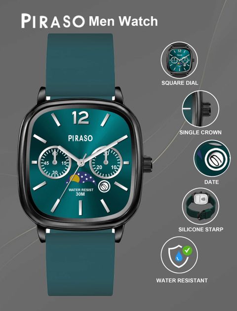 Piraso Square Dial Stainless Steel Case Silicone Strap Analog Watch - Image 8