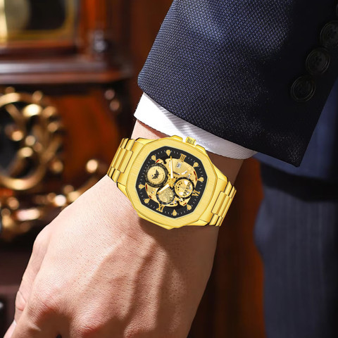 ABREXO Abx8314-Golden Bracelet GODFATHER Square Chrono Look Golden