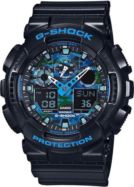 CASIO GA-100CB-1ADR G-SHOCK GA-100CB-1ADR Blue Camouflage Dial Black Resin  Strap Analog-Digital Watch For Men