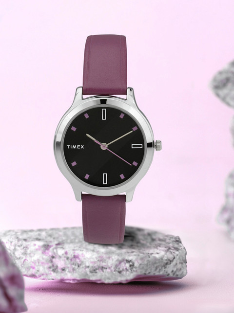 TIMEX Black Dial Genuine Leather Strap Analog Watch For Women