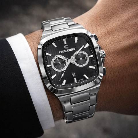 Chaxigo Classic Black Dial Silver Bracelet Strap Cronograph Analog