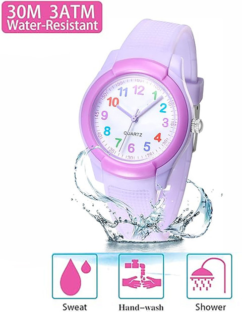 Time Up Attractive Number Dial Vibrant Color Waterproof 4-12 Years Small  Kids Analog Watch For Girls