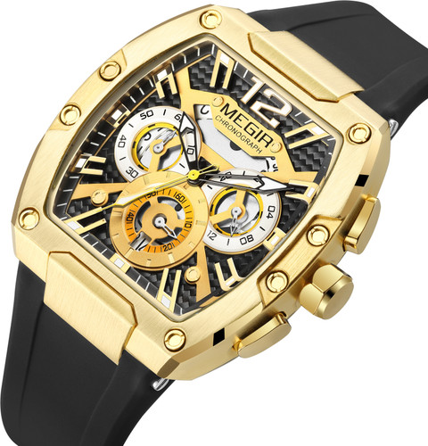 MEGIR Mens Watch Chronograph Golden Dial With Black Silicone Strap Wrist  Watch For Men Analog Watch For Men