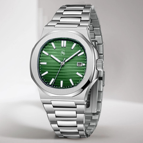 Shocknshop Luxury Silver Stainless Steel Green Dial Wrist Watches