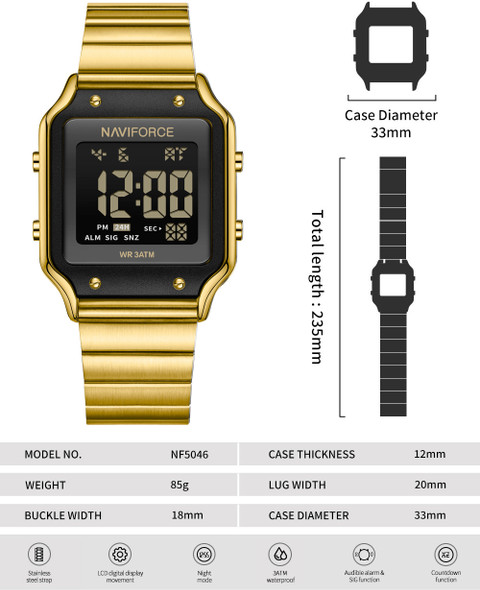 NAVIFORCE NF5046 Golden Large Screen Business Casual Digital Watch