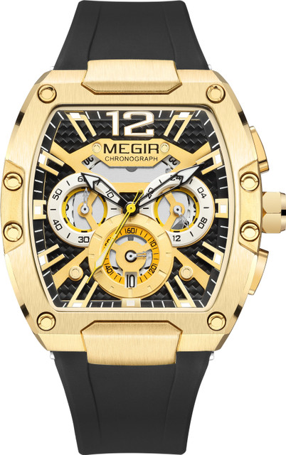 MEGIR Mens Watch Chronograph Golden Dial With Black Silicone Strap Wrist  Watch For Men Analog Watch For Men