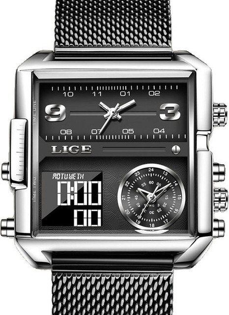 OVERFLY Black Square Dual Time Chronograph Luxury LIGE Black