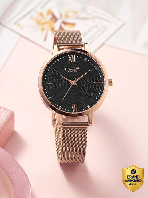 sonata black face rose gold watch