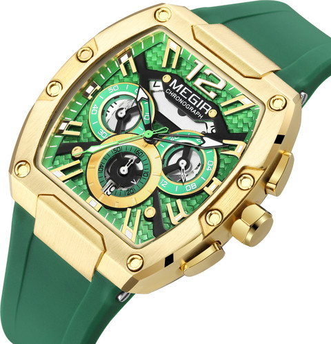 MEGIR Mens Watch Chronograph Gold Watch With Green Silicone Strap Wrist  Watch For Men Analog Watch For Men