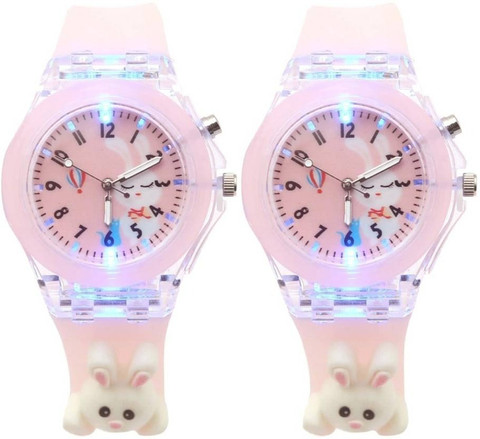 Spiky 3D Cartoon Analouge Multicolor Light Watch Combo For Kids girls-  Pack of Spiky 3D Cartoon Pink Rabbit Round Watch for Kids For to 13 