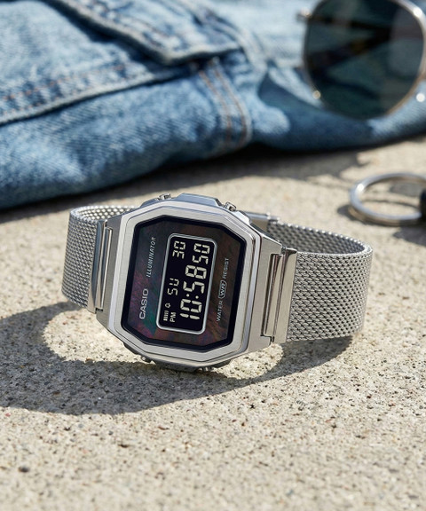 CASIO A1000M-1BEF Vintage Black Dial Silver Stainless Steel Mesh