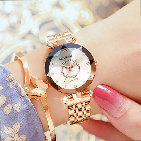 watchstar Silver colur diamond shape glass dial with rose gold stainless  steel strap Berry Diamond series Analog Watch For Women