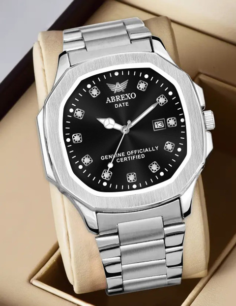 ABREXO Abx4800-BK SL Nautilus Date Working Square Black Dial Silver  Stainless Steel Quartz Mechanism Analog Watch For Men