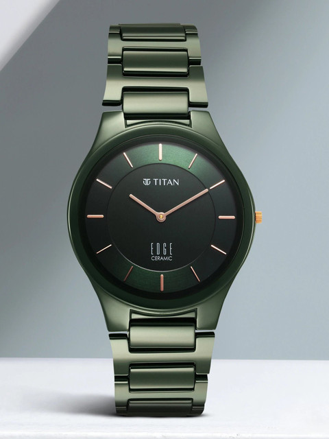 Titan Edge Ceramic Quartz in Glossy Green Dial Analog Watch For