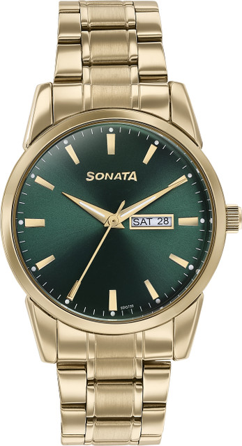 SONATA Sonata Quartz with Day and Date Green Dial Golden