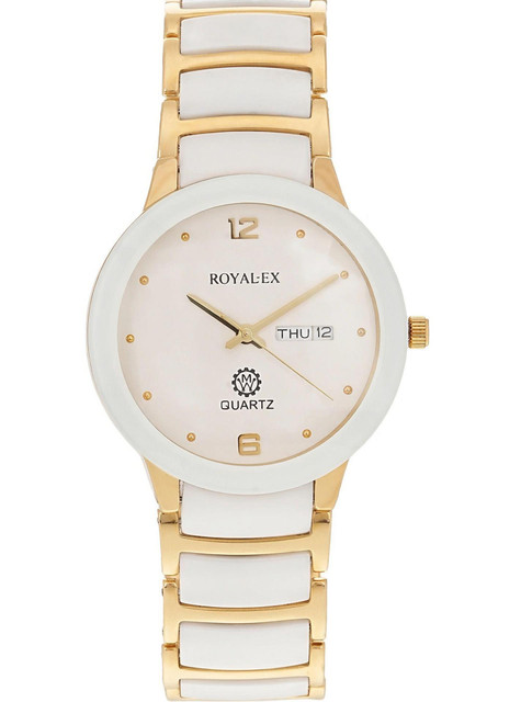 Royalex Watch White Dial Day and Date Golden Ceramic Case and
