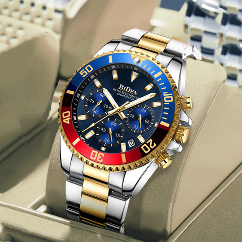 OVERFLY BIDEN Mens Watch Chronograph Luxury Blue Dial With Golden Silver  Strap Wrist Watch Analog Watch For Men