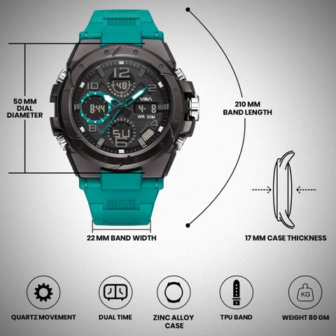 V2A Styrke 5110 Analog Digital Watch for Men | Hybrid Multi Display Dial Analog-Digital Watch - For Men Alarm Stopwatch Day Date 12/24 Hr | TPU Strap | 30M Water Resistant - Image 6
