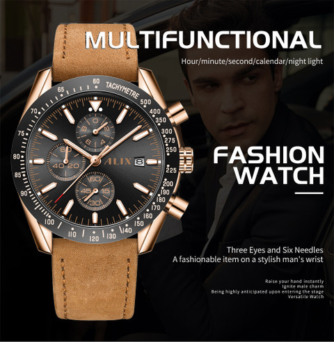 Alix AL3014 Sophisticated black dail with a brown leather strap