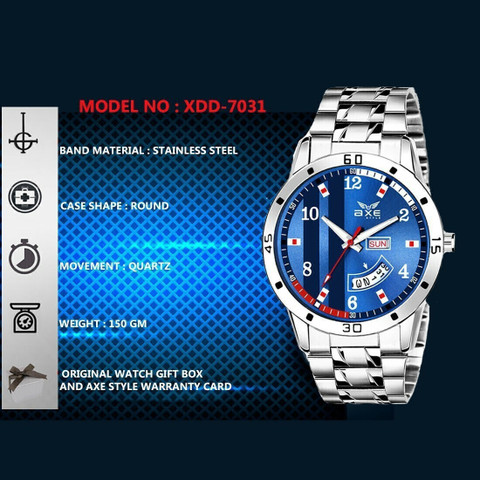 AXE Style XDD-7031 Blue Day & Date Steel Chain Watch & Branded