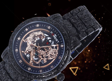 Quano Forest Luxury Lion Curved Rose Gold Dial and Black Chain Men Wrist  Watch Forest Luxury Lion Curved Rose Gold Dial and Black Chain Men Wrist