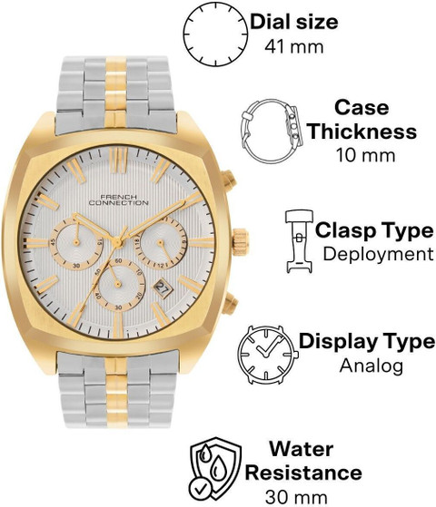French Connection STRATOMÉ STRATOMÉ Silver Round Dial Gold Two Tone  Stainless Steel Strap Chronograph Watch Analog Watch For Men