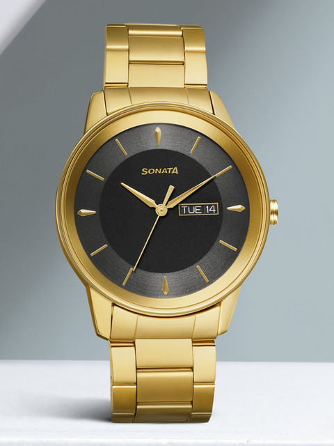 Sonata Gold Watch Black Face Mens Sonata Beyond Gold Quartz Analog