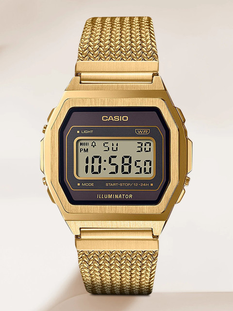 CASIO A1000MGA-5DF Vintage Black Dial Gold Stainless Steel Mesh Band  Digital Watch For Men Women