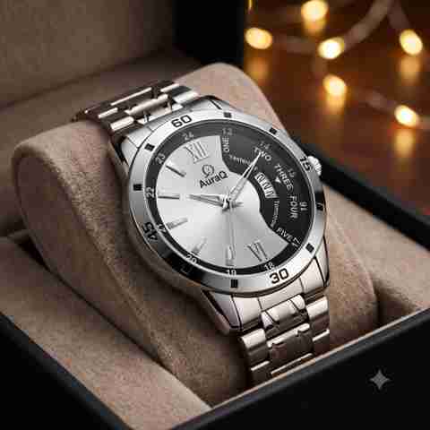 AuraQ Stylish Quartz Wrist Watch - Premium Strap & Accurate Time Analog Watch - For Men 2252 Black Grey Date Chain - Image 5