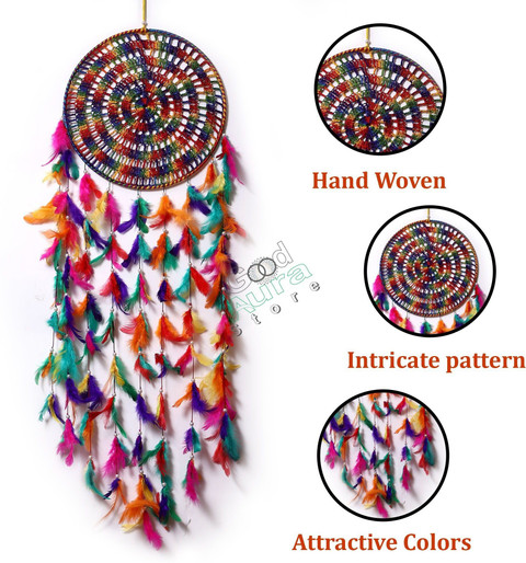 Handmade Dream Catcher Wall Decor – Red Ring With Feathers & Small Light, 60cm