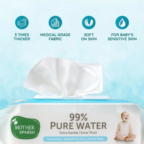 Mother Sparsh 99% Pure Water Based Baby Wipes (Unscented) Natural Plant  made cloth Super Thick Fabric 72 Wipes Each Pack of