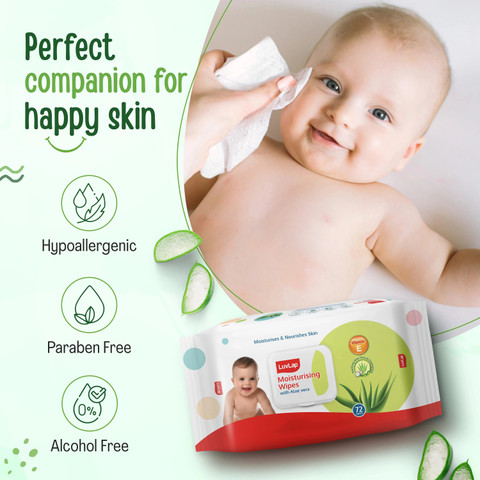 LuvLap Paraben Free wipes for baby with Aloe Vera, 72 wipes/pack with Lid